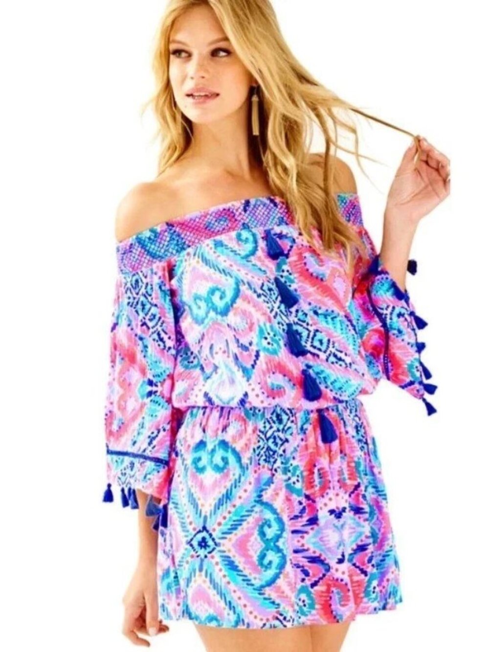 Lilly Pulitzer Joelle Off-The-Shoulder Smocked Mini Dress Tassel XXS 290631